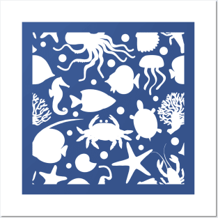 White Ocean Animal Pattern Posters and Art